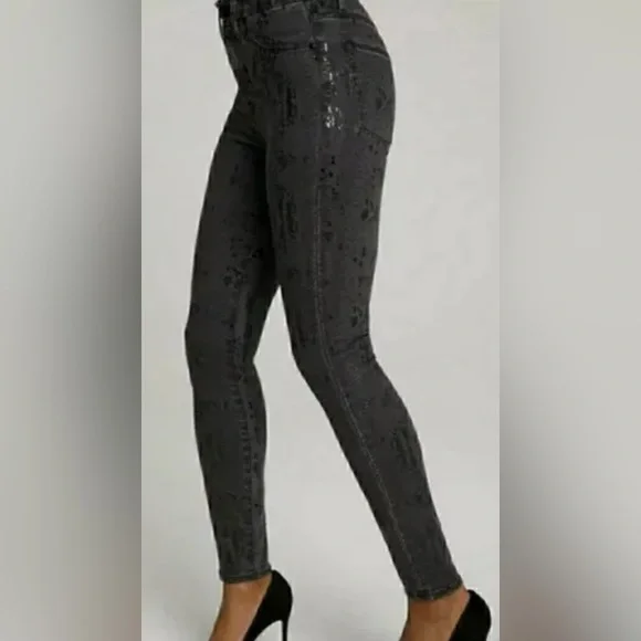 Good American Good Waist Jeans Gray Metallic Coated Snakeskin Skinny Size 8/29 - Picture 13 of 14